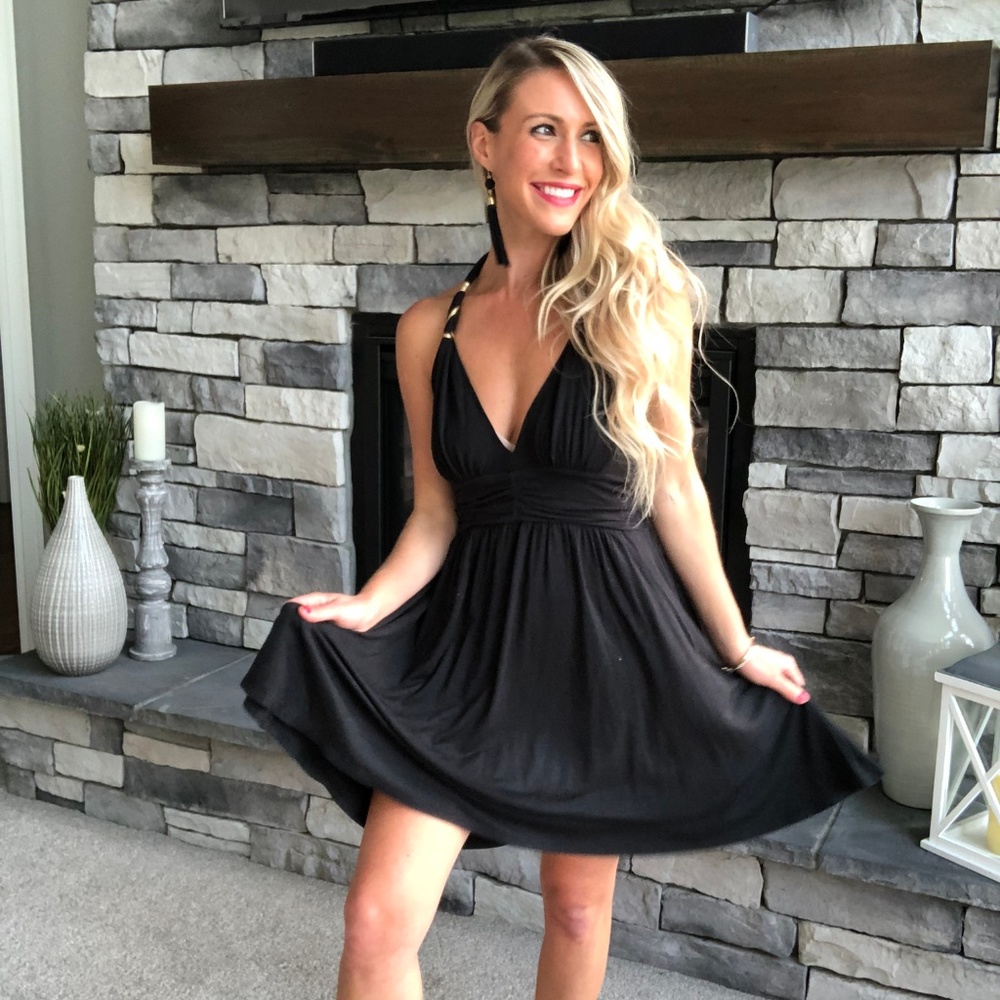 Black Halter Dress with Gold Accents on straps